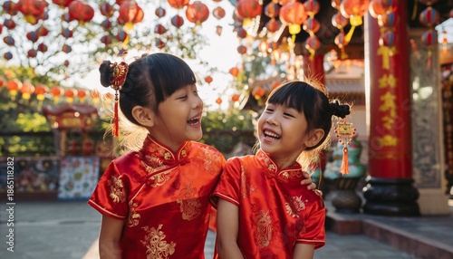 Two happy young Asian girls in traditional red Chinese dresses smiling and looking at each other during a festival celebration.