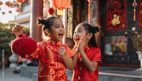 Two joyful Asian girls in traditional red Chinese clothing celebrating Lunar New Year.