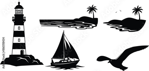 black and white nautical icons with lighthouse sailboat seagull and tropical islands