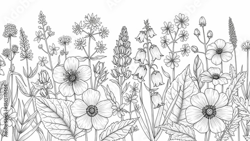 Wallpaper Mural Floral Border Line Art, Black and White Wildflowers, Botanical Illustration Torontodigital.ca