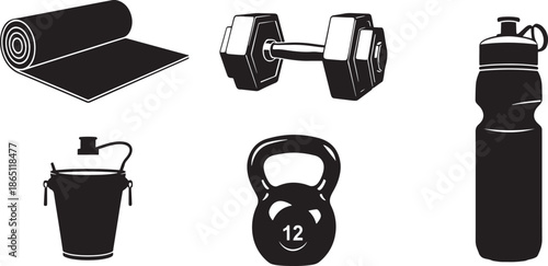black icons of fitness equipment and tools on white background