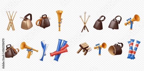 Set of various 3D rendered sports fan accessories including bells, horns, and thundersticks for cheering.
