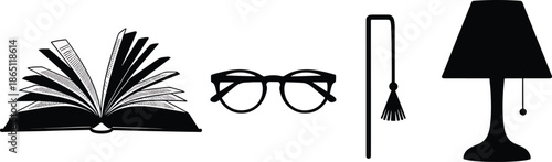 Book reading glasses broom lamp illustration