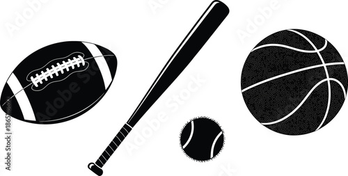 collection of sports equipment objects  football baseball bat basketball