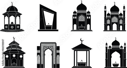 Islamic architecture silhouette, mosque dome vector, water fountain design, crescent moon minaret, ornamental archway, cultural heritage, black outline, cad drawing flat vector illustration