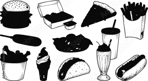 Fast Food Icons Set. Burger, Pizza Slice, French Fries, Hot Dog, Fried Chicken, Milkshake, Soft Drink, Ice Cream, Takeaway Box, and More. Hand Drawn Vector Illustration. Editable Stroke.