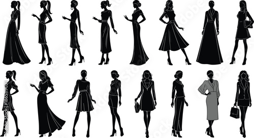Elegant women fashion silhouettes, female dress poses, stylish lady figures, modern clothing collection, black gown outfits, fashion illustration set, glamour style concept