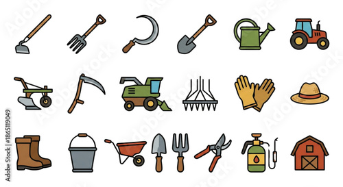 A vibrant set of icons featuring various gardening tools and farm equipment, perfect for illustrating agriculture, farming, or gardening concepts.