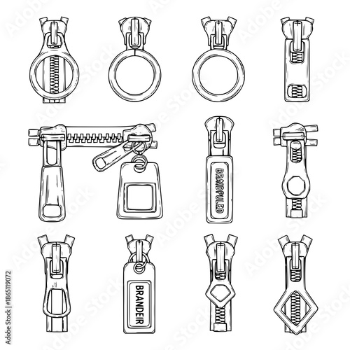 Latest fashion zipper slider and puller technical sketch vector illustration