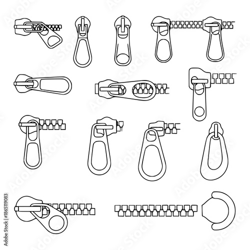 Modern zipper slider and puller outline icon set fashion vector design