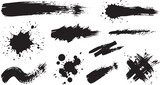 Set of black grunge ink brush strokes and paint splatters. Abstract dirty artistic texture design elements isolated on white.