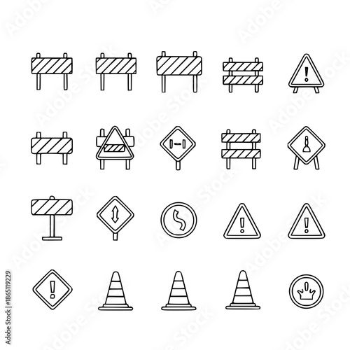 Road repair safety barricade and warning sign outline icon set vector