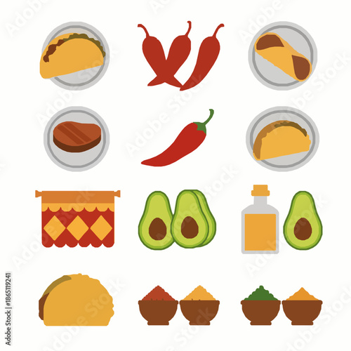 Mexican food icons set with tacos burritos and tequila flat vector