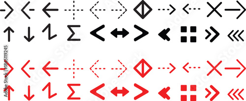 A collection of black and red directional arrows and geometric shapes on a white background, viewed from a straightforward perspective.