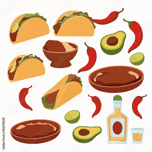 Traditional Mexican cuisine cartoon food set Cinco de Mayo vector illustration