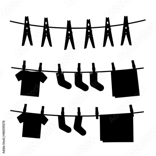 Household clothespin and clothesline flat icon set vector illustration