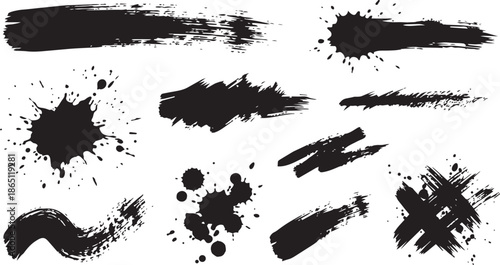 Set of black grunge ink brush strokes and paint splatters. Abstract dirty artistic texture design elements isolated on white.