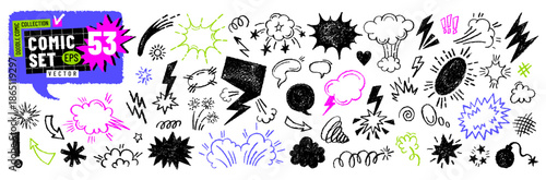 Comic effect cartoon icons. Doodle line pop elements. Smoke, bomb, bubble, cloud vector crayon or brush bg. Fart, boom, surprise, speed, wow speech pop shape. Hand drawn doodle pop comic effect set