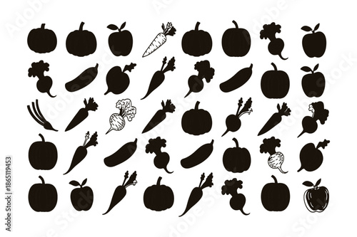 Hand Drawn Vegetables Icons Set. Pumpkin, Carrot, Beetroot, Apple, Zucchini, Radish, Organic Food, Healthy Diet, Farm Fresh Produce, Vegan Ingredients, and More. Vector Illustration. Editable Stroke.