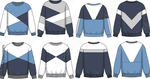 Geometric sweatshirt design collection, modern pullover front back views, casual streetwear apparel illustration, color block sweater styles, fashion clothing templates, technical flat sketches