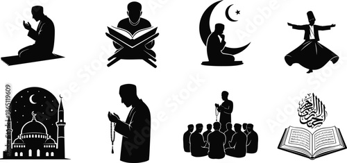 Islamic prayer silhouette, Quran reading icon, mosque vector, spiritual worship design, Arabic calligraphy, religious gathering, cad drawing flat vector illustration