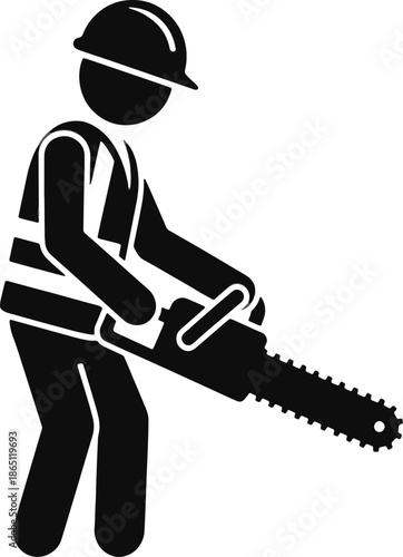 Professional lumberjack worker icon holding a chainsaw and wearing safety equipment