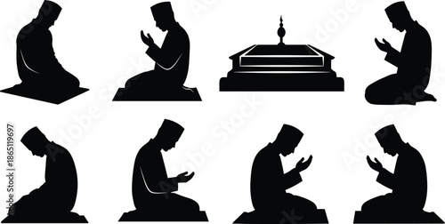 Islamic prayer silhouette, seated worship pose, shrine vector icon, traditional attire, devotion illustration, black figure art, cad drawing flat vector illustration