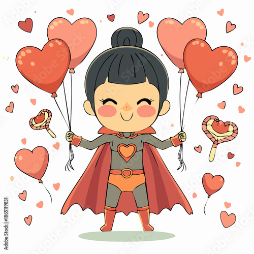 A cartoon superhero girl holding heart-shaped balloons and lollipops surrounded by hearts