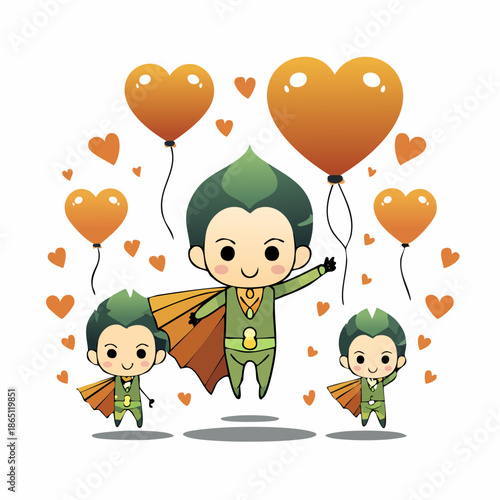 A green-clad cartoon superhero with cape and heart-shaped balloons surrounded by smaller companions and floating hearts in a whimsical scene
