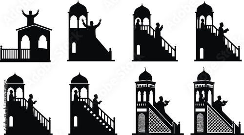   
Minbar silhouette, Islamic sermon, Muslim speaker, religious pulpit, mosque architecture, spiritual guidance, vector art, flat design, cad drawing flat vector illustration