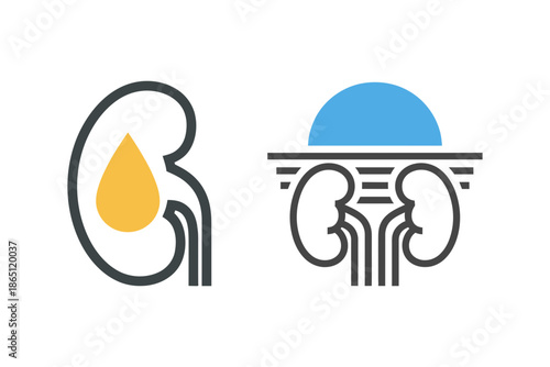 Set of two minimalist kidney health logo icons representing fluid balance and dialysis or hope