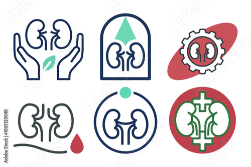 Set of six line art kidney health logo icons for natural care technology and medical treatment