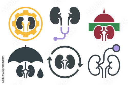 Set of six kidney health logo icons for medical care natural remedies and life journey concepts