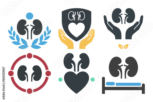 Set of six kidney health logo icons for medical technology checkups protection and treatment cycles