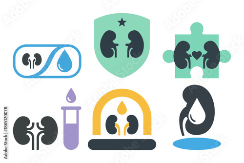 Set of six kidney health logo icons for medicine lab tests patient partnership and protection concepts