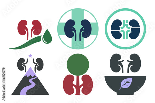 Set of six kidney patient care logo icons for medical achievement protection organ donation and hospitalization