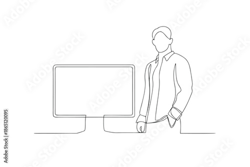 Presenter With Monitor Display One Line Drawing Business Communication