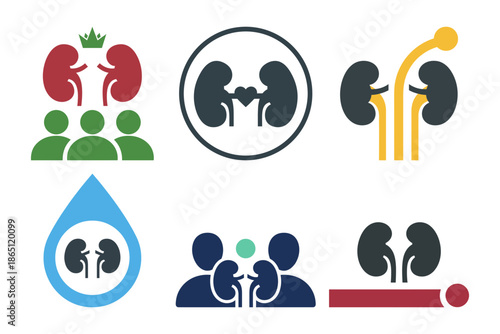 Set of six kidney health logo icons for community support groups patient care and health monitoring
