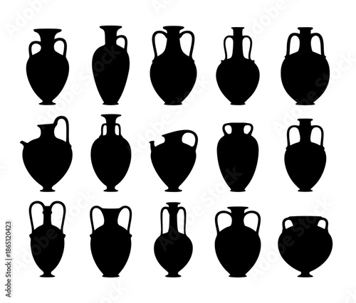 A collection of ancient pottery silhouettes displayed against a white background from a frontal viewpoint