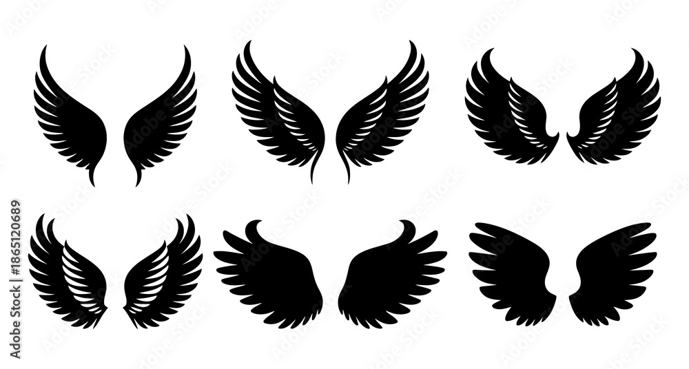 Fototapeta premium Collection of various black wing silhouettes on a white background