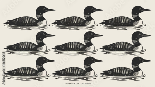 A black and white illustration of 12 loon birds arranged in three rows of four 