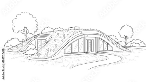 High-Quality Black Continuous Line Art of Earth-Sheltered House Integrated into Landscape
