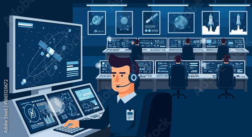 Cartoon Space Mission Control Operator at Work.