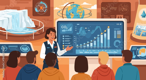 Climate Change Presentation Expert Explains Data to Group.