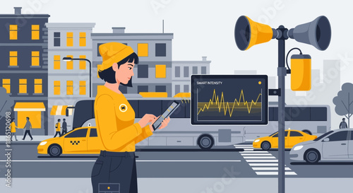 City Noise Monitoring Woman Analyzing Sound Levels on Tablet.