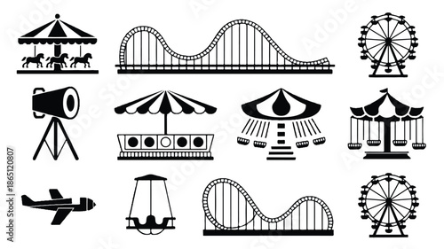 A black and white illustration of amusement park rides arranged in a 3x4 grid layout