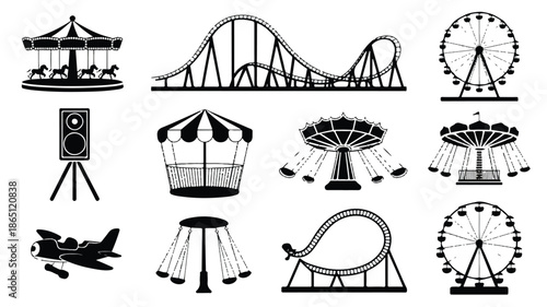 A black and white illustration of amusement park rides arranged in a 3x4 g