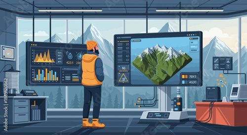 Engineer Analyzing Mountain Data in Modern Control Room.