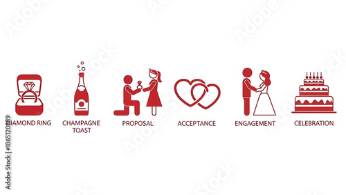 Engagement and wedding icons, icons for marriage proposal, valentines day, ceremony, celebration, isolated on transparent background, png
