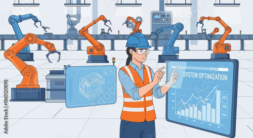 Factory Worker Overseeing Automated Production Line with Robotic Arms.